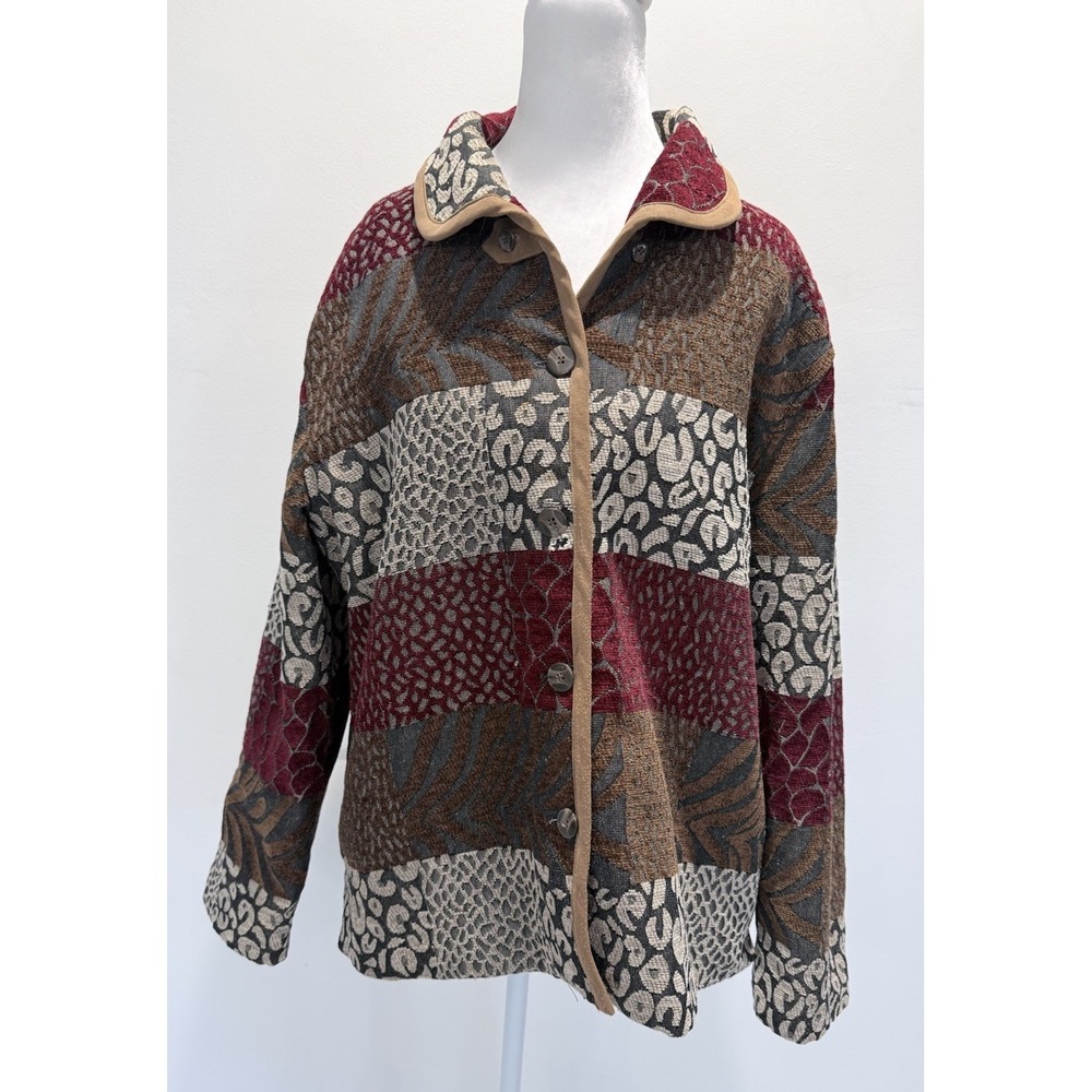 Vintage 90s White Stag Tapestry Jacket XL Animal Print Patchwork Boho Artsy EUC